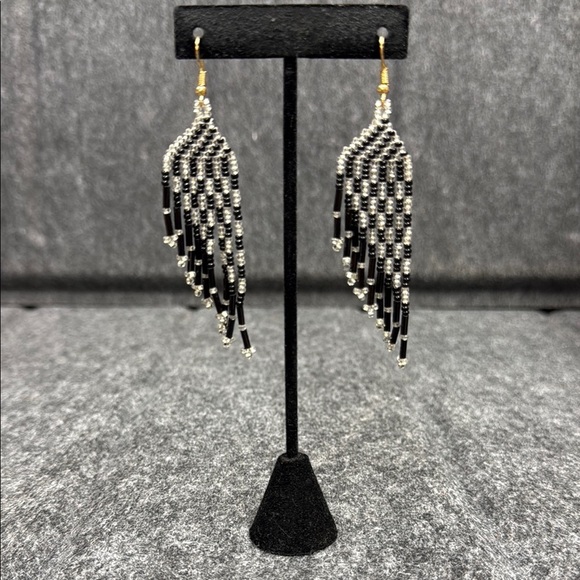 Black and Silver Geometric Drop Earrings - Picture 3 of 3